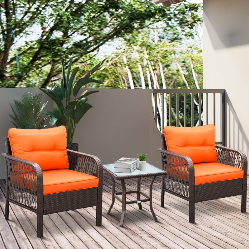 Outsunny 3 Pieces Patio PE Rattan Bistro Set, Outdoor Wicker Coffee Table Armrest Chairs Thick Padded Conversation Furniture for Garden Orange