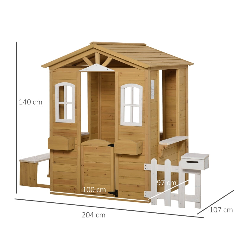 Outsunny Wooden Playhouse for Outdoor with Door Windows Mailbox Flower Pot Holder Serving Station Bench for Kids Children Toddlers Natural