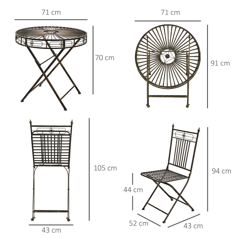 Outsunny 3 Piece Garden Outdoor Bistro Set with 2 Folding Chairs and 1 Folding Round Table, Metal Frame for Lawn, Backyard and Porch, Bronze