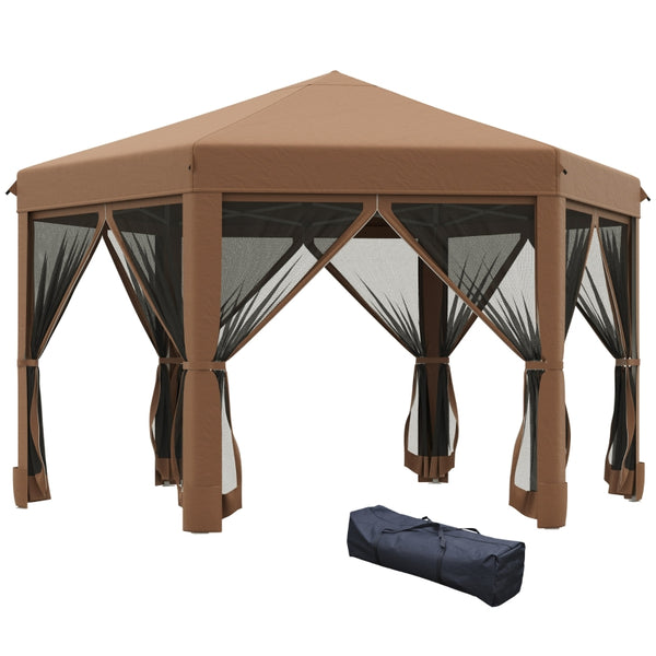 Outsunny 3.2m Pop Up Gazebo Hexagonal Canopy Tent Outdoor Sun Protection with Mesh Sidewalls, Handy Bag, Brown