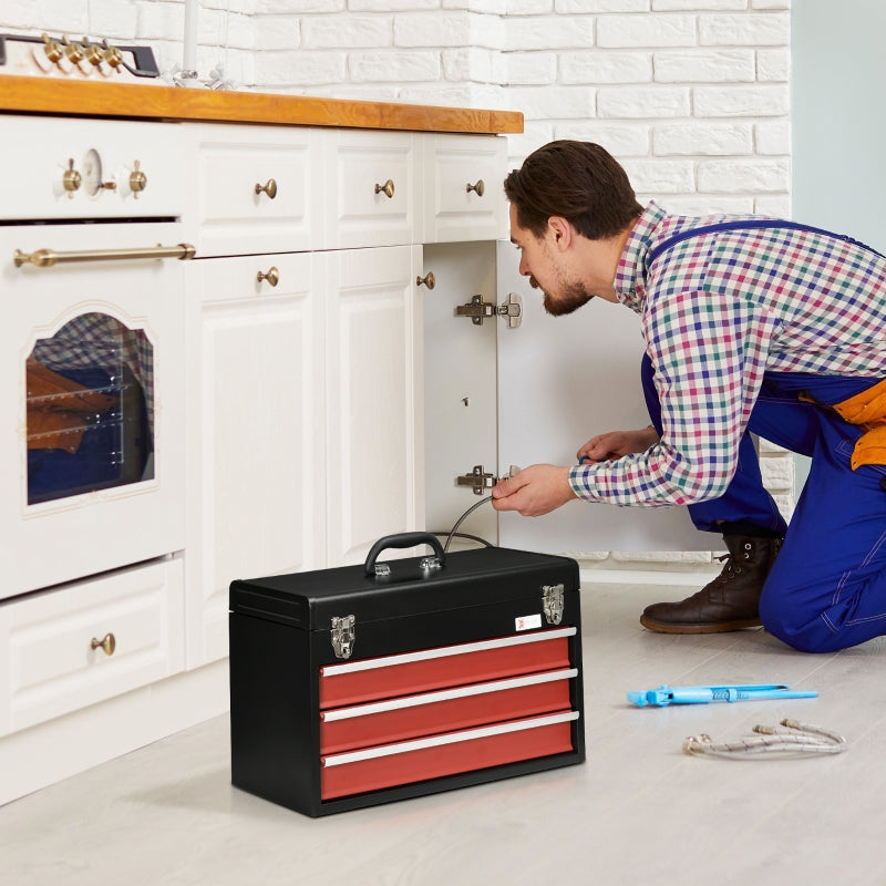 DURHAND 3 Drawer Tool Chest, Lockable Metal Tool Box with Ball Bearing Runners, Portable Toolbox, 510mm x 220mm x 320mm