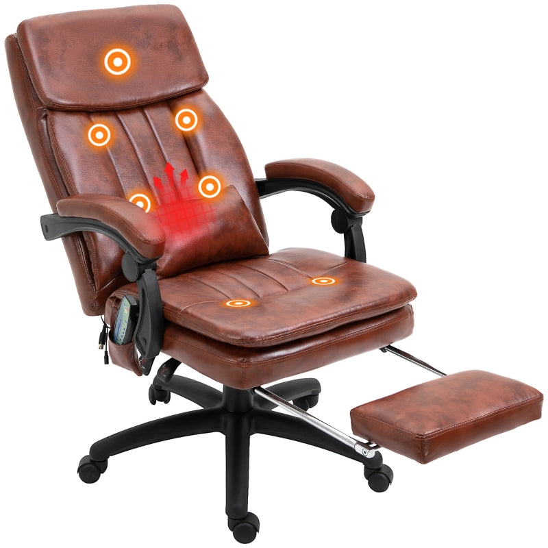 Vinsetto High Back Office Chair, Gaming Recliner Chair with Footrest, 7 Massage Points, Adjustable Height, Reclining Back, PU Leather, Brown