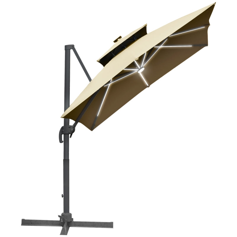 Outsunny 3m Cantilever Roma Parasol Adjustable Garden Sun Umbrella with Solar LED,  Tilt and Crank Handle, Cross Base for Lawn, Khaki