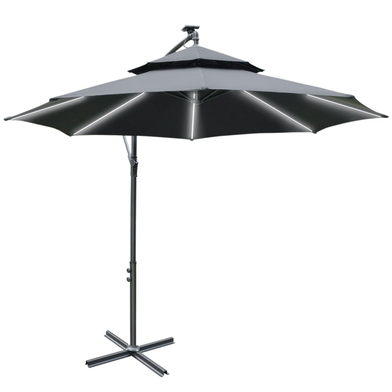 Outsunny 3(m) Cantilever Banana Parasol Hanging Umbrella with Double Roof, LED Solar lights, Crank, 8 Sturdy Ribs and Cross Base, Black