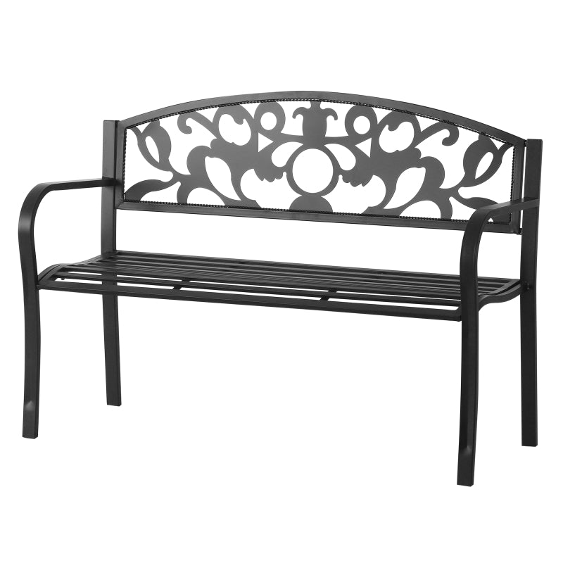 Outsunny 2 Seater Outdoor Patio Garden Metal Bench Park Yard Furniture Porch Chair Seat Black 128L x 91H x 50W cm