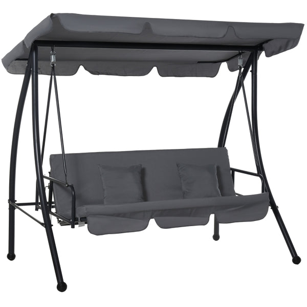 Outsunny 2-in-1 Patio Swing Chair Lounger 3 Seater Garden Swing Seat w/ Convertible Tilt Canopy and Cushion, Dark Grey