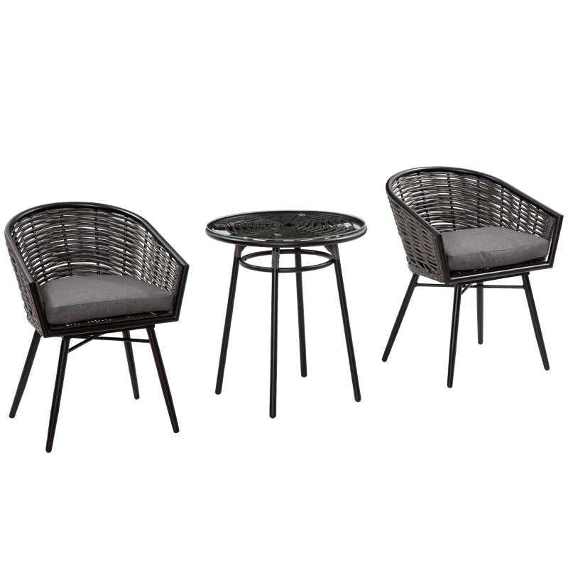 Outsunny Rattan Bistro Set 2-Seater Wicker Garden Furniture Round Table for Patio and Balcony w/ Cushions, Grey