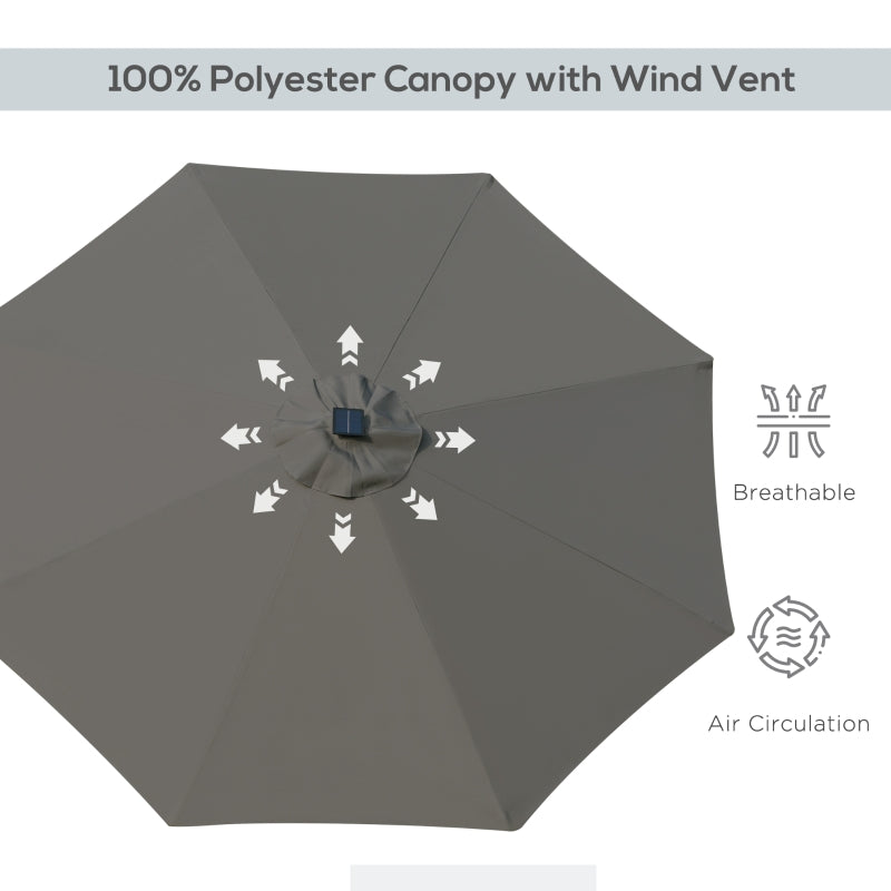 Outsunny 2.7m Garden Parasol, Patio LED Umbrella with Push Button Tilt/Crank 8 Rib Sun Shade for Outdoor Table Market Umbrella Grey