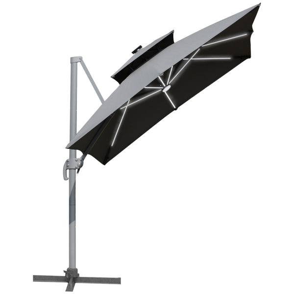 Outsunny 3m Cantilever Parasol, Outdoor Offset Patio Umbrella, Solar LED Lighted Hanging Sun Shade Canopy w/ Tilt and Crank Handle, Cross Base, Grey