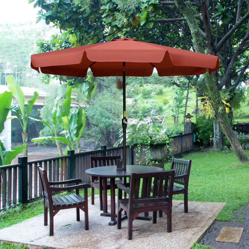 Outsunny 2.66m Patio Umbrella Garden Parasol Outdoor Sun Shade Table Umbrella with Ruffles, 8 Sturdy Ribs, Wine Red