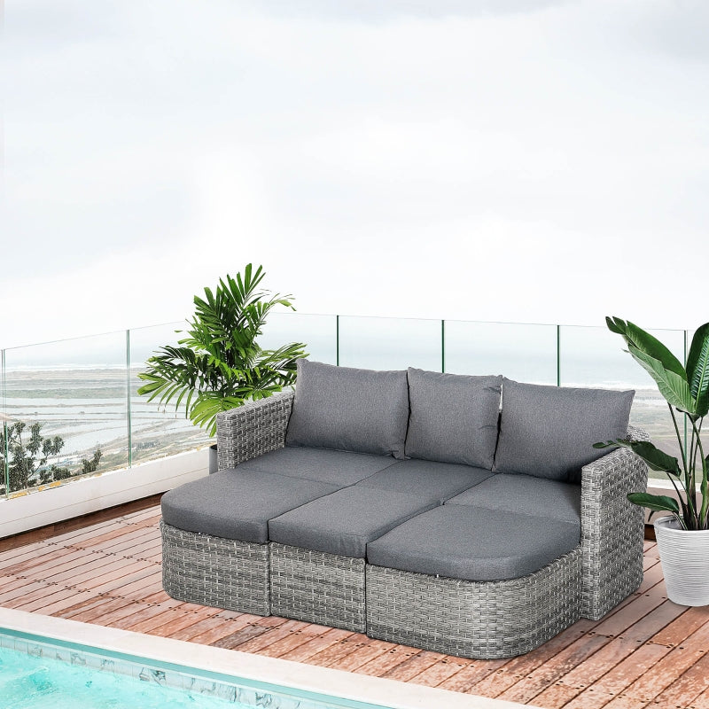 Outsunny 5-Seater Outdoor PE Rattan Sofa Set, Patio Wicker Conversation Double Chaise Lounge Furniture Set w/ Side Table, Large Daybed, Mixed Grey