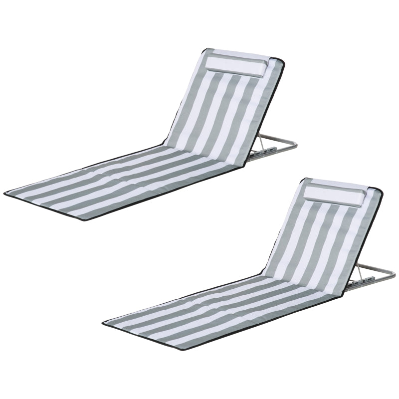 Outsunny Set of 2 Foldable Garden Beach Chair Mat Lightweight Outdoor Sun Lounger Seats Adjustable Back Metal Frame PE Fabric Head Pillow, Light Grey