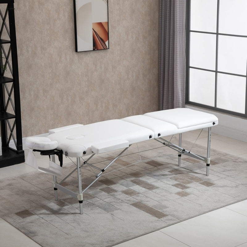 HOMCOM Folding PVC Leather Massage Table Aluminium Frame w/ Headrest Armrests Padding Handle Carry Bag Adjustable Height 3-Way Tri-Fold White