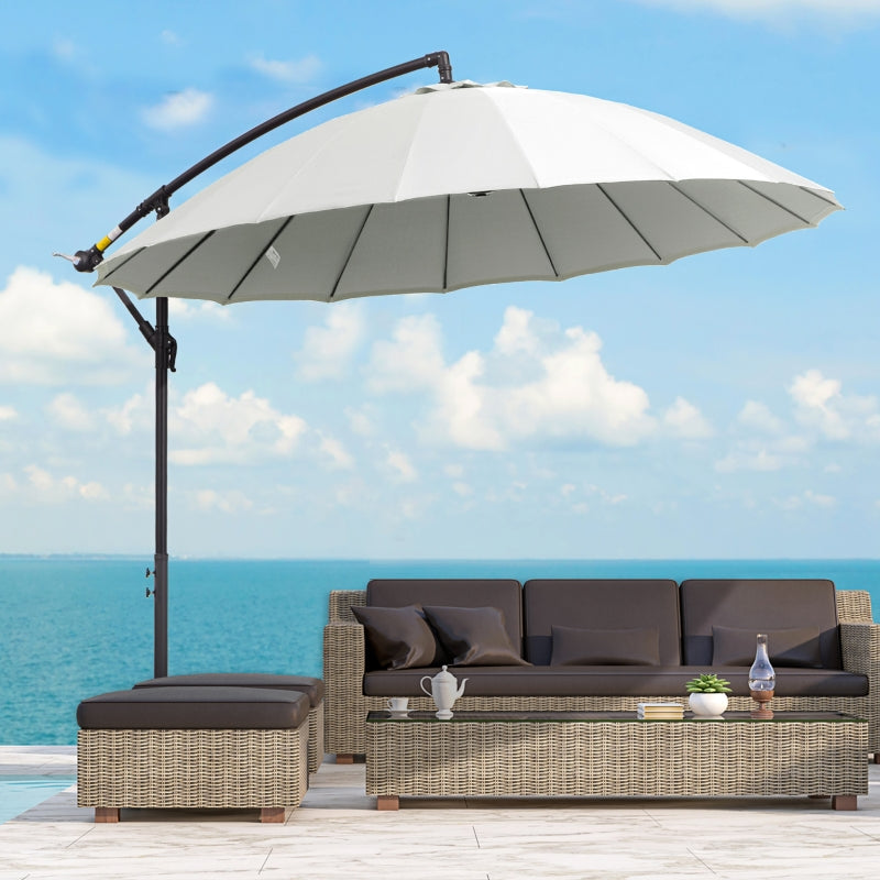 Outsunny 3(m) Cantilever Shanghai Parasol Garden Hanging Banana Sun Umbrella with Crank Handle, 18 Sturdy Ribs and Cross Base, Off-White