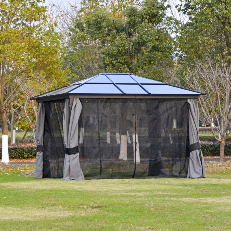 Outsunny 3.6 x 3(m) Hardtop Gazebo with UV Resistant Polycarbonate Roof & Aluminium Frame, Garden Pavilion with Mosquito Netting and Curtains