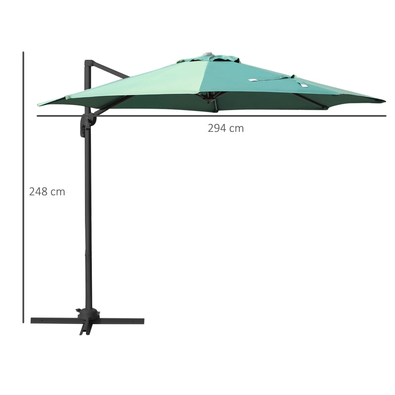 Outsunny 3m Patio Offset Roma Parasol Cantilever Hanging Sun Shade Canopy Shelter 360° Rotation with Cross Base - Green