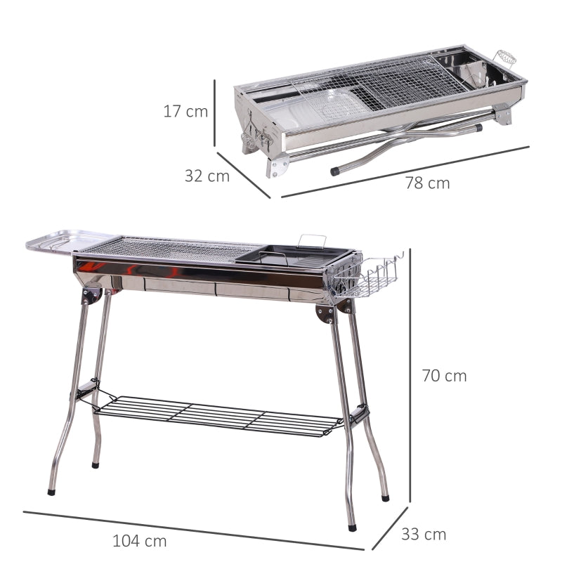 Outsunny Charcoal BBQ Stainless Steel Portable Foldable Barbecue Charcoal Grill Outdoor Cooker for Camp Party Picnic