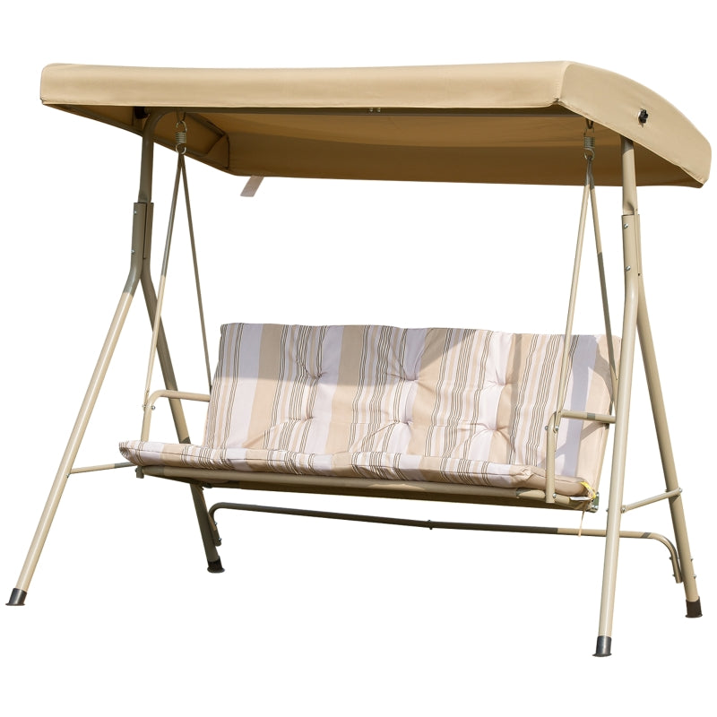 Outsunny 3 Seater Garden Swing Chair Patio Rocking Bench w/ Tilting Canopy, Removable Cushion, Light Brown Top, Brown