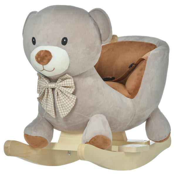 HOMCOM Kids Children Rocking Horse Plush Ride On Bear Seat w/ Sound Wood Base Seat Safety Belt Toddler Baby Toy Grey