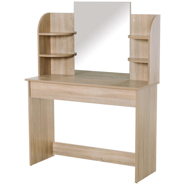 HOMCOM Particle Board Glass Mirror Dressing Table w/ Shelves Oak Tone