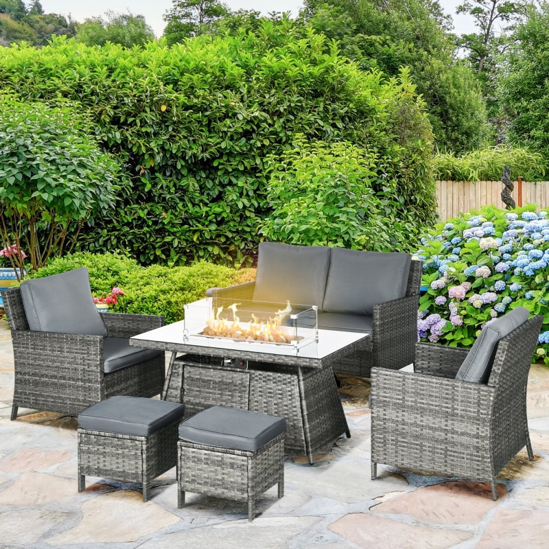 Outsunny 6-Seater Rattan Garden Furniture Set w/ Gas Fire Pit Table, Wicker Loveseat, 2 Armchairs and 2 Footstools, Grey