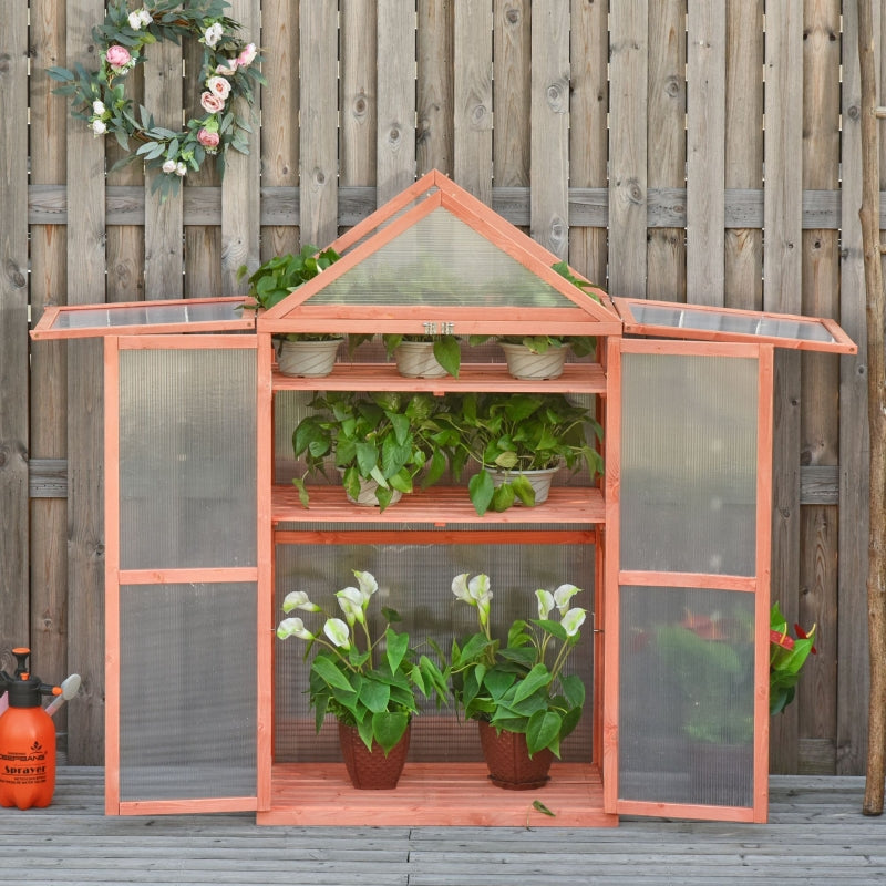 Outsunny 3-Tier Wooden Cold Frame Greenhouse Garden Polycarbonate Grow House w/ Adjustable Shelves, Double Doors, 80 x 47 x 138 cm, Orange