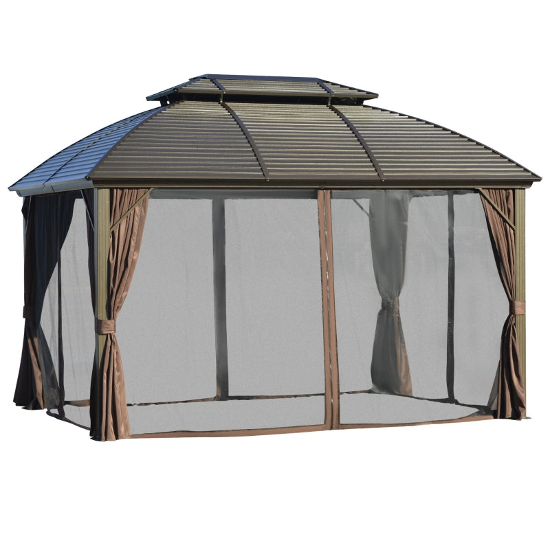 Outsunny 3.65 x 3(m) Hardtop Steel Gazebo Canopy for Patio Heavy Duty Outdoor Pavilion with Aluminum Alloy Frame, Double Roof, Brown