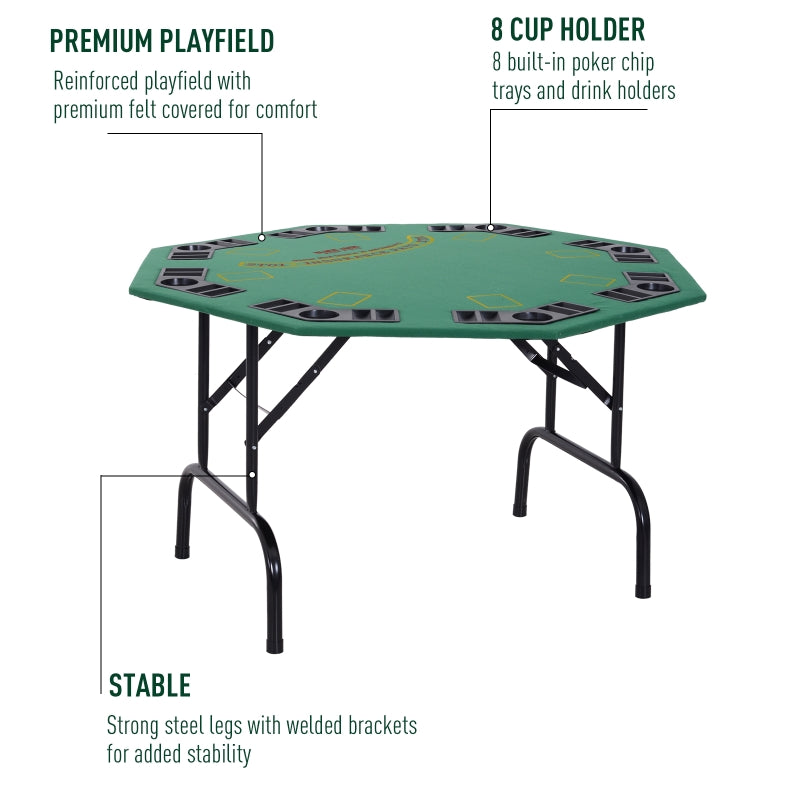 HOMCOM 8 Player Folding Games Poker Table w/ Chip Cup Holder Steel Base Felt Top Octagon Blackjack Adult Family Friends Green