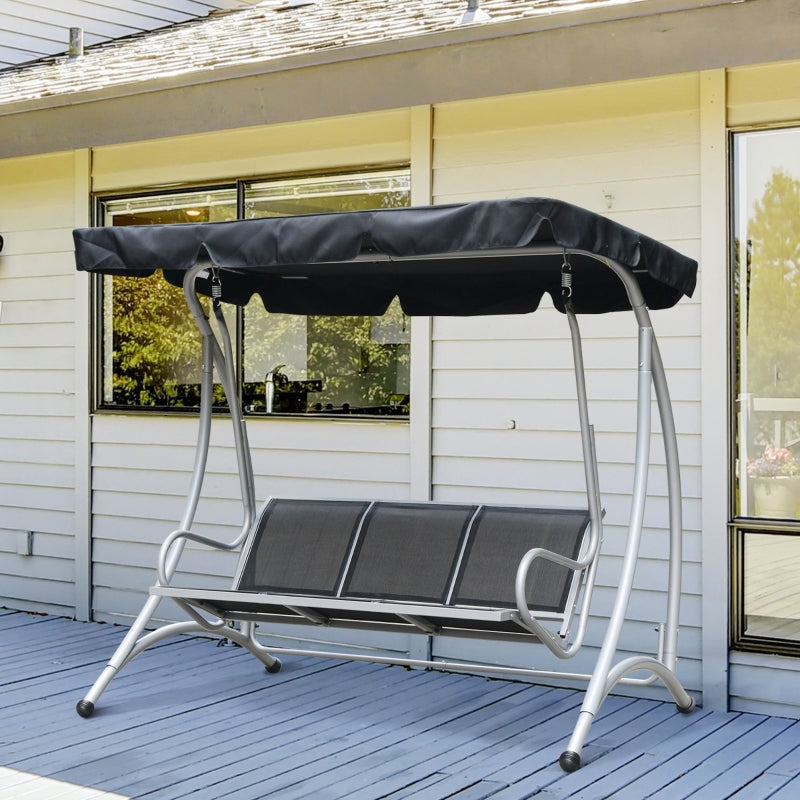 Outsunny 3 Seater Bench Steel Outdoor Patio Porch Swing Chair with Adjustable Canopy - Black