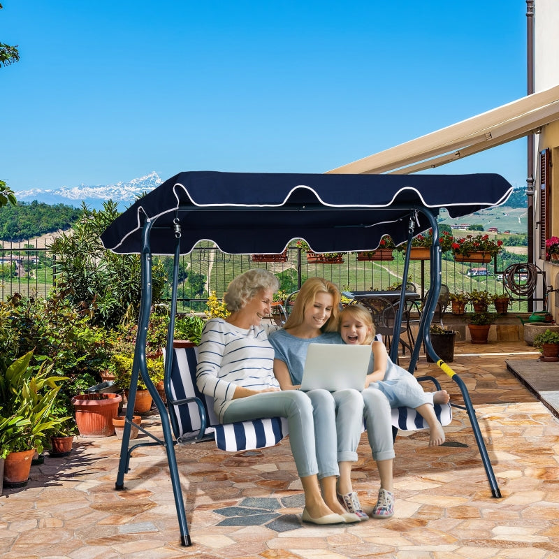 Outsunny 3 Seater Garden Swing Chair， Outdoor Garden Bench with Adjustable Sun Cover and Metal Frame - Blue Stripes