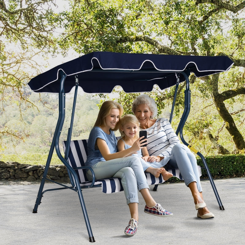 Outsunny 3 Seater Garden Swing Chair， Outdoor Garden Bench with Adjustable Sun Cover and Metal Frame - Blue Stripes