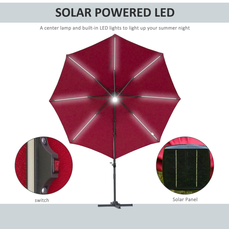 Outsunny 3(m) Cantilever Roma Parasol Adjustable Garden Sun Umbrella with LED Solar Light Cross Base 360° Rotating, Red