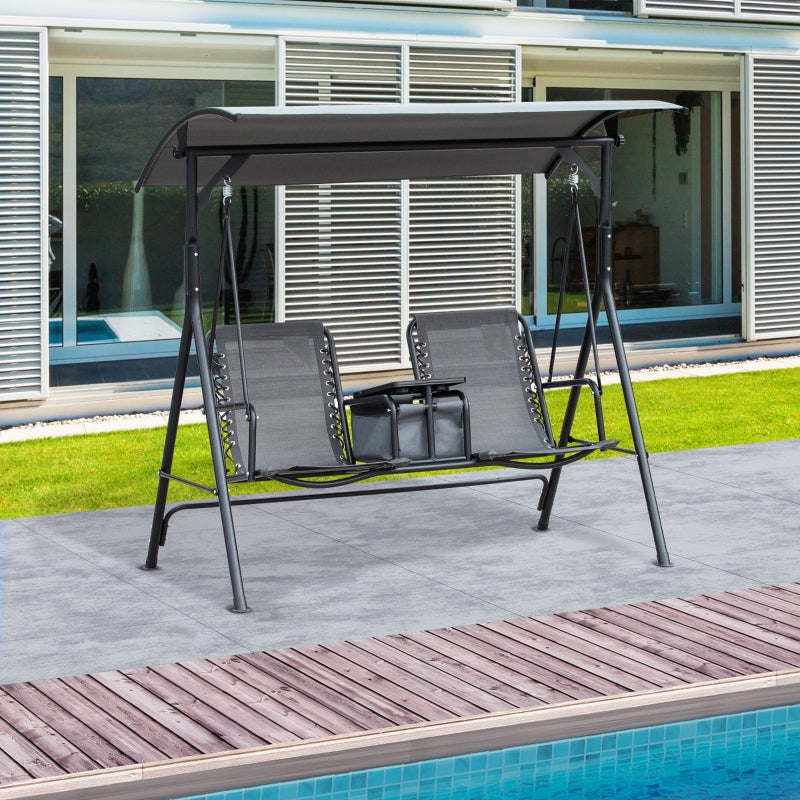 Outsunny 2-Seater Swing Chair Steel Frame Adjustable Canopy Texteline Garden Swing Seat w/ Middle Table Cup Holders Heavy Duty Outdoor Patio - Grey