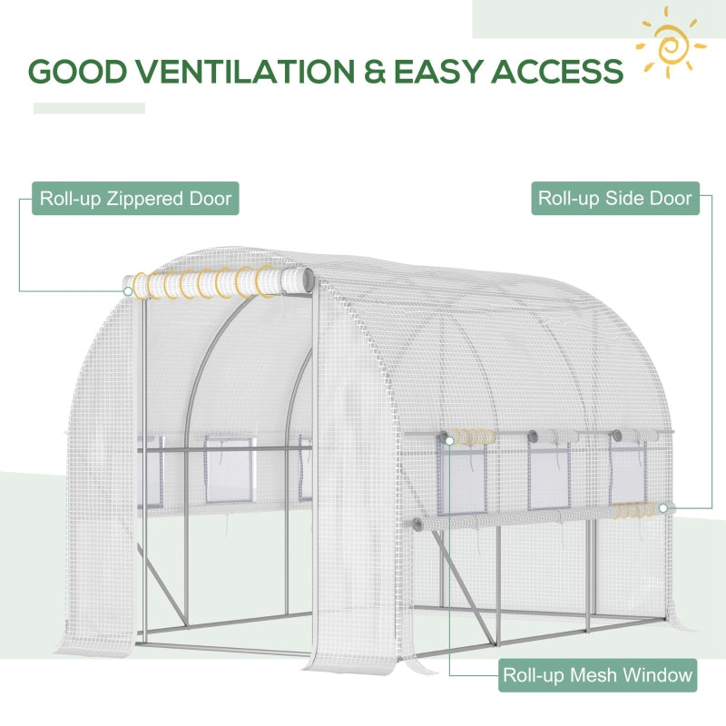 Outsunny 3 x 2 x 2m Walk-in Tunnel Greenhouse, Polytunnel Tent with PE Cover, Zippered Roll Up Door and 6 Mesh Windows, White