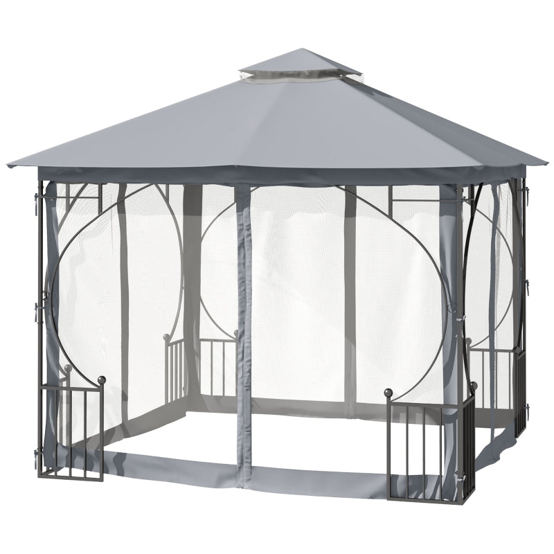 Outsunny 3 x 3 M Garden Gazebo Patio Party Tent Shelter Outdoor Canopy Double Tier Sun Shade Metal Frame Light Grey