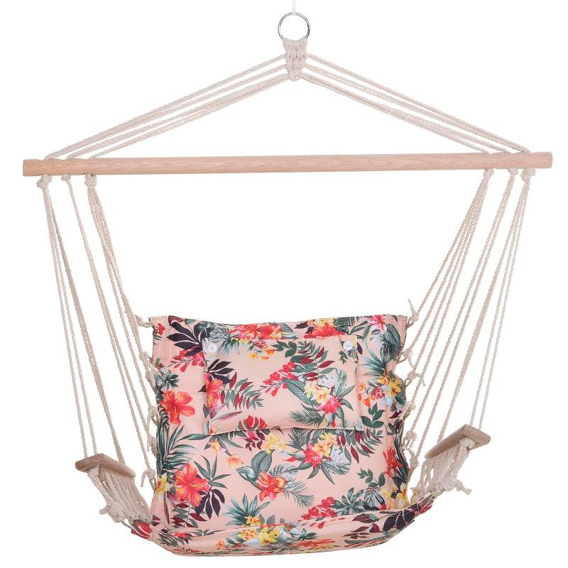 Outsunny Garden Outdoor Hanging Hammock Chair Thick Rope Frame Wooden Arms Safe Wide Seat Garden Outdoor Spot Stylish Multicoloured floral