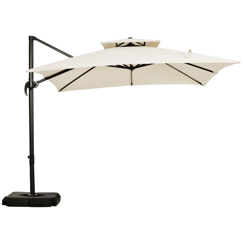 Outsunny 3 x 3(m) Garden Cantilever Parasol with Crank and Tilt, Square Overhanging Patio Umbrella with 360° Rotation, Base Weights and Cover, Beige