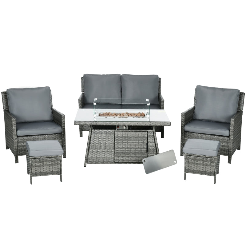 Outsunny 6-Seater Rattan Garden Furniture Set w/ Gas Fire Pit Table, Wicker Loveseat, 2 Armchairs and 2 Footstools, Grey