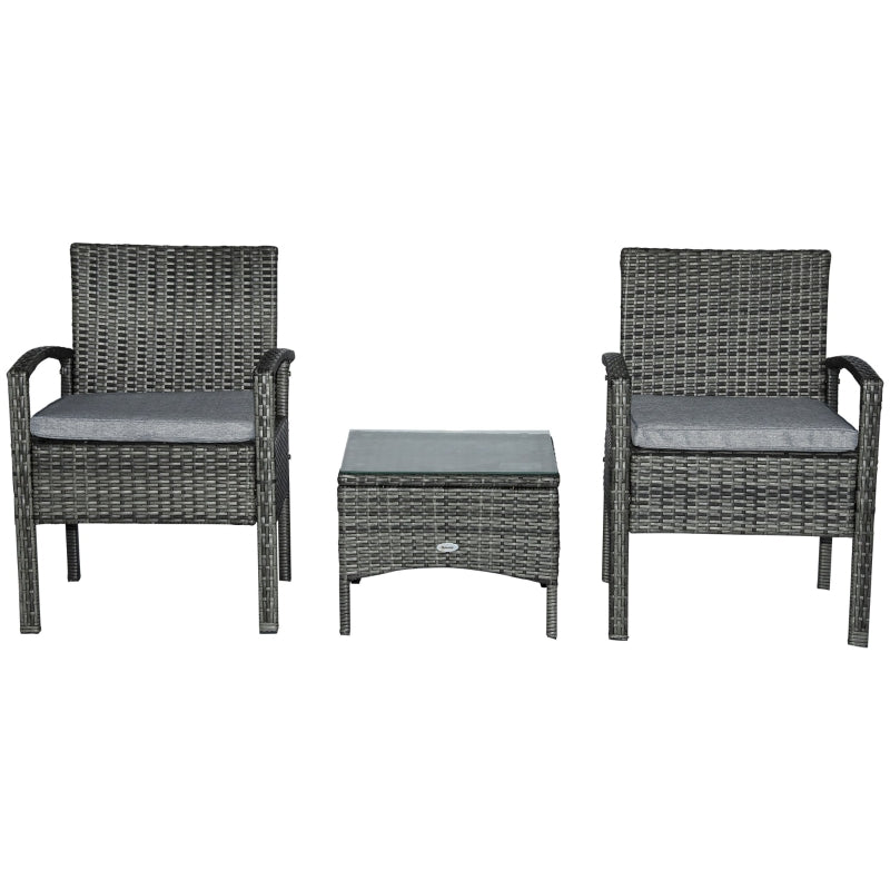 Outsunny 2 Seater Rattan Bistro Set Outdoor Wicker Sofa Chair Coffee Table Set Garden Patio Furniture w/ Cushion - Grey