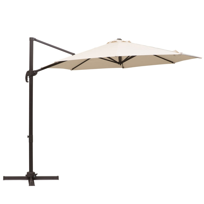 Outsunny 3M Banana Parasol Hanging Cantilever Umbrella W/ Cross Base Hand Crank Aluminium Frame 360°Rotation Hand Crank-Beige