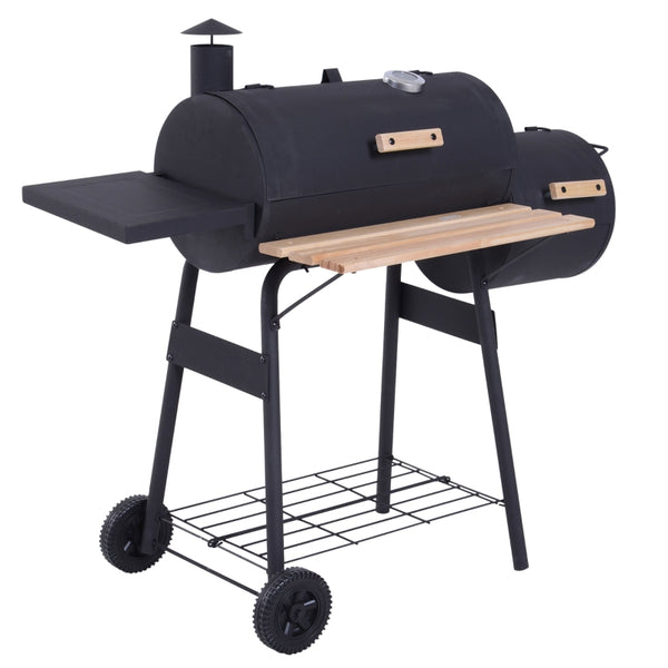 Outsunny Charcoal Barbecue Grill Garden Portable BBQ  Trolley w/ Offset Smoker Combo, Handy Shelves and On-lid Thermometer