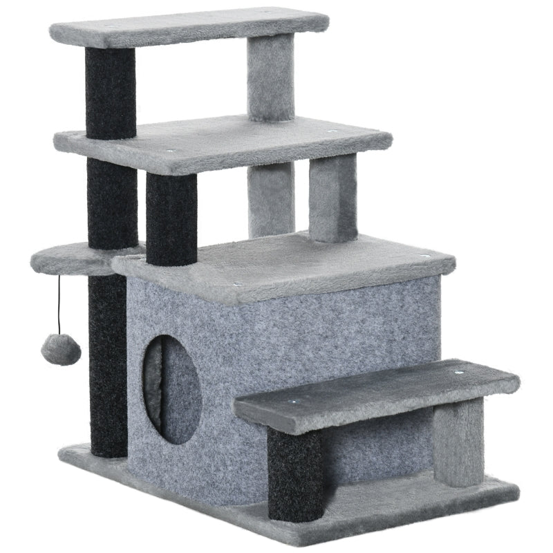 PawHut Adjustable Height Cat Stairs for Bed, Cat House with Detachable Cover, Pet Steps for Sofa, 3-Step/ 4-Step w/ Hanging Ball 60 x 40 x 66 cm Grey