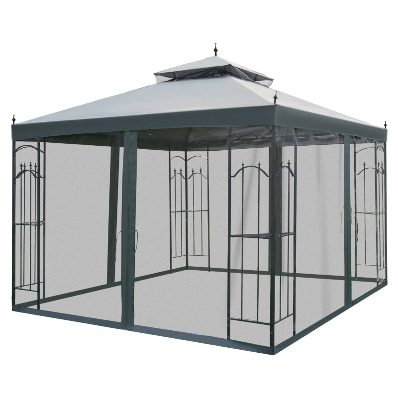 Outsunny 3(M)x3(M) Garden Gazebo Double Top Outdoor Canopy Patio Event Party Wedding Tent Backyard Sun Shade with Mesh Curtain - Grey