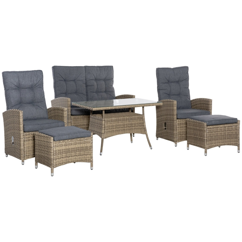 Outsunny 6 Pieces PE Rattan Dining Set, Patio Wicker Conversation Furniture, Tempered Glass Table-top Dining Table w/ Storage Layer, Mixed Grey