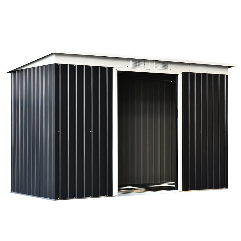 Outsunny 9 x 4 ft Metal Garden Storage Shed Patio Corrugated Steel Roofed Tool Box with Base, Kit Ventilation and Doors, Dark Grey