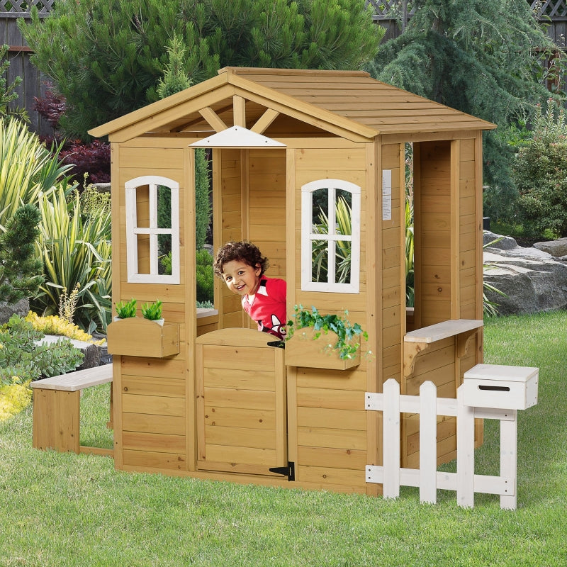 Outsunny Wooden Playhouse for Outdoor with Door Windows Mailbox Flower Pot Holder Serving Station Bench for Kids Children Toddlers Natural