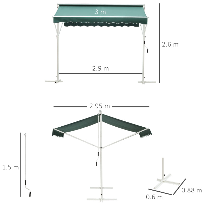 Outsunny 2 Side Manual Awning Garden Adjustable Canopy Free Standing Awning Shelter, 300 x 300 cm, Green and White