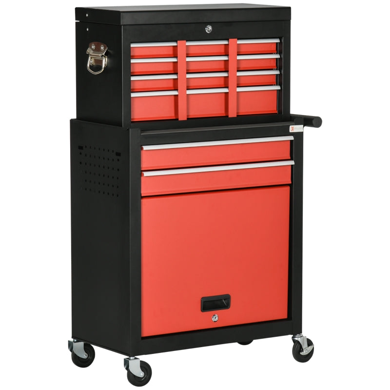 DURHAND Tool Cabinet Cart, Workshop Trolley on Wheels, 6 Drawer with Ball Bearing Slides, Lockable Roll Cab, Black and Red