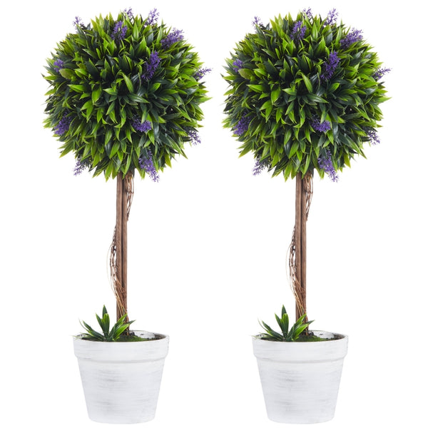 HOMCOM Set of 2 Decorative Artificial Plants Ball Trees with Lavender Flowers in Pot Fake Plants for Home Indoor Outdoor Decor, 60cm