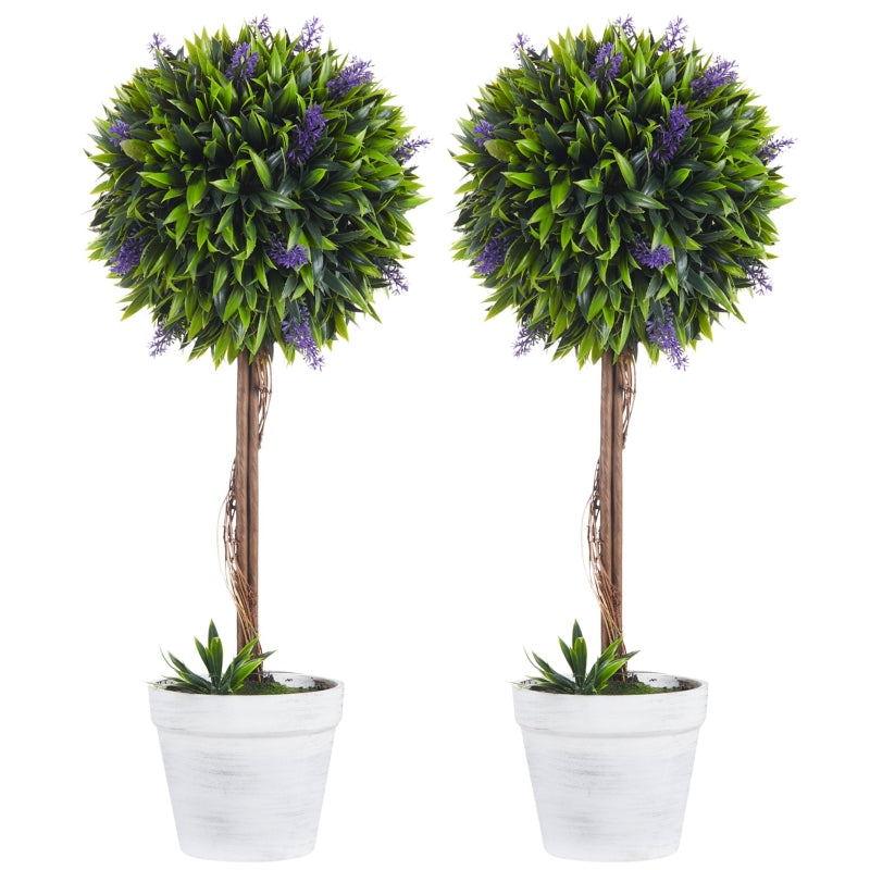 HOMCOM Set of 2 Decorative Artificial Plants Ball Trees with Lavender Flowers in Pot Fake Plants for Home Indoor Outdoor Decor, 60cm